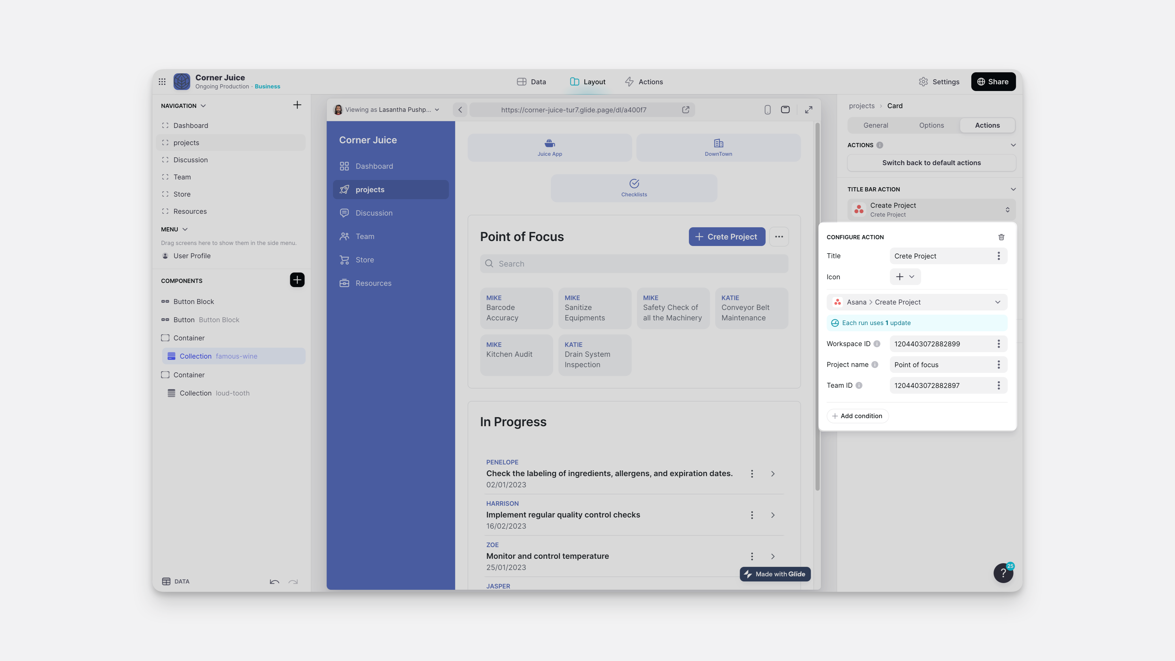 Configuring the Create project action